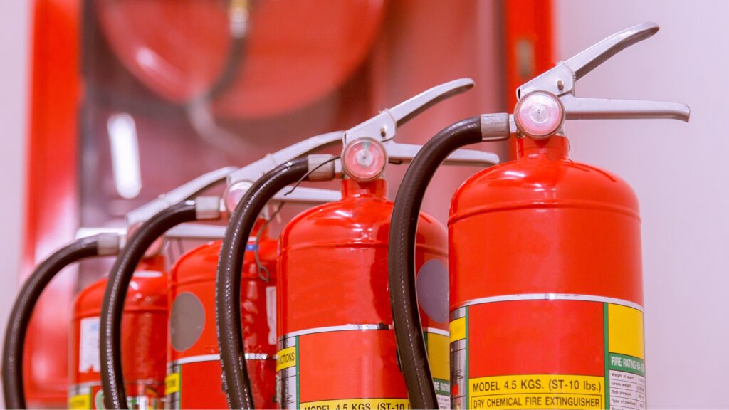 Fire extinguishers in a row